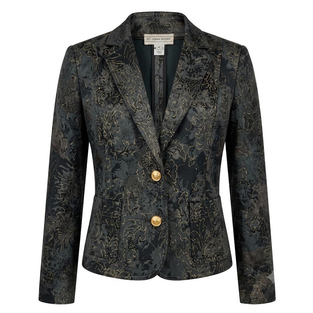St John Sport‎ Black Gold Floral Stretch Blazer Suit Jacket Women's Sz P Petites